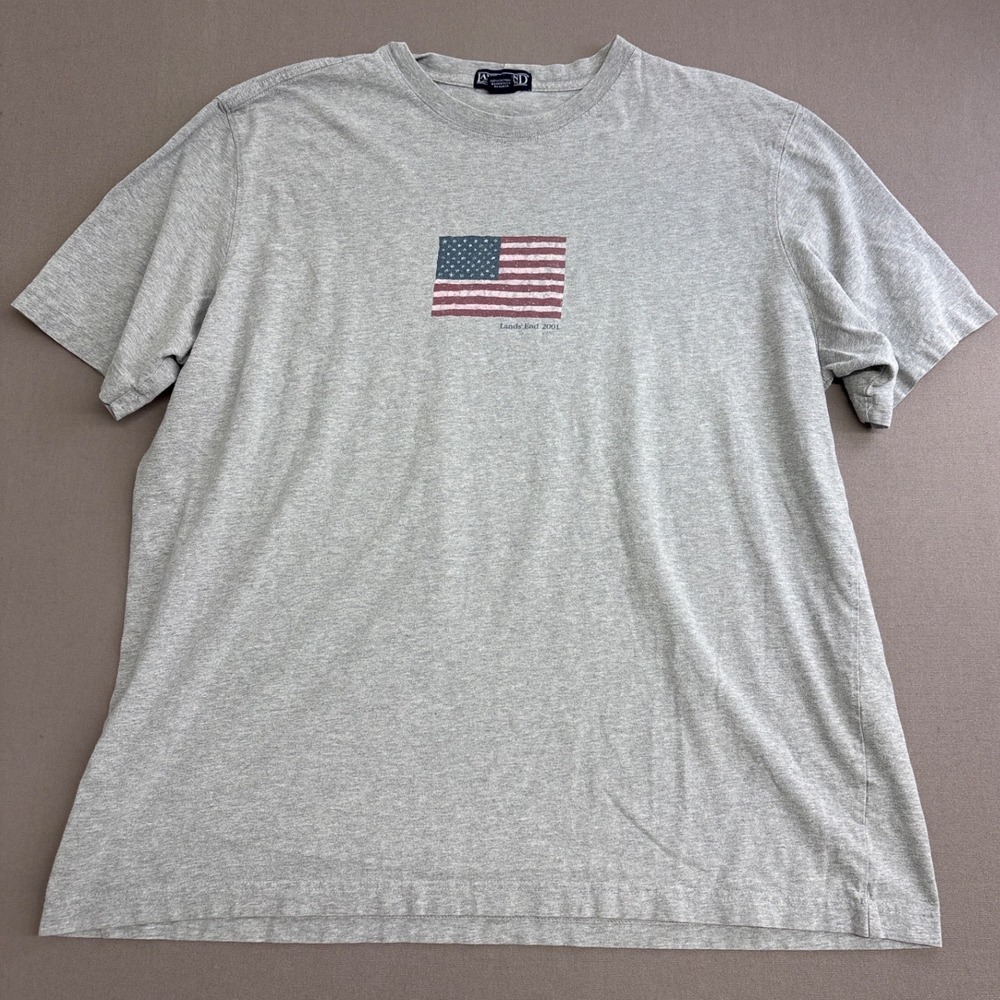 Lands End Mens XL Gray American Flag Graphic T-Shirt 2001 Vintage Style Cotton